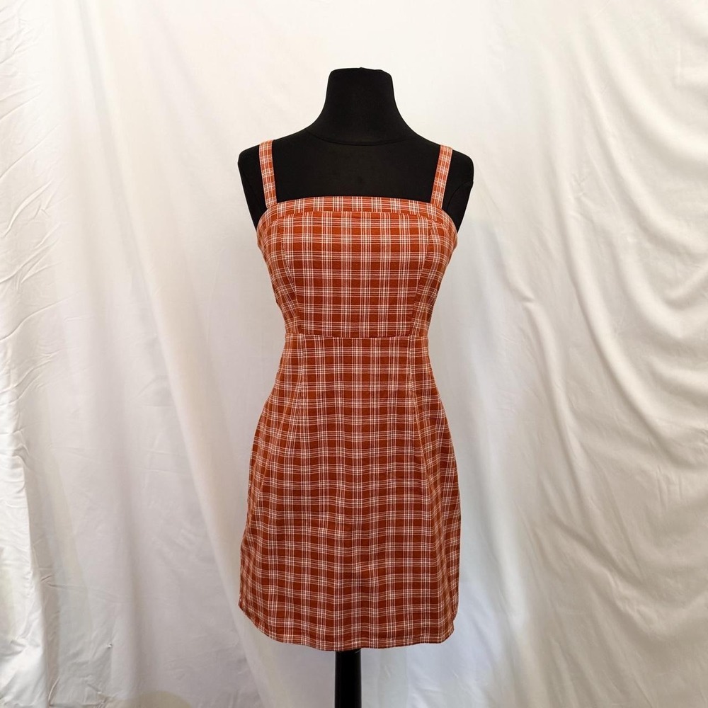 Forever 21 Rust Orange White Plaid Mini Dress Preppy Y2K Square Neck Small